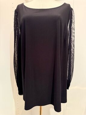 Black Boatneck Blouse with Sheer Lace Sleeves